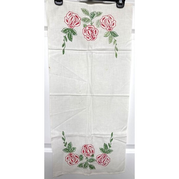 Vintage Embroidered Table Runner With Roses and Vines - Picture 1 of 6